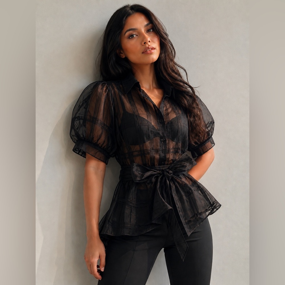 CQ By CQ  Black Sheer Puff-Sleeve Tie-Waist Blouse